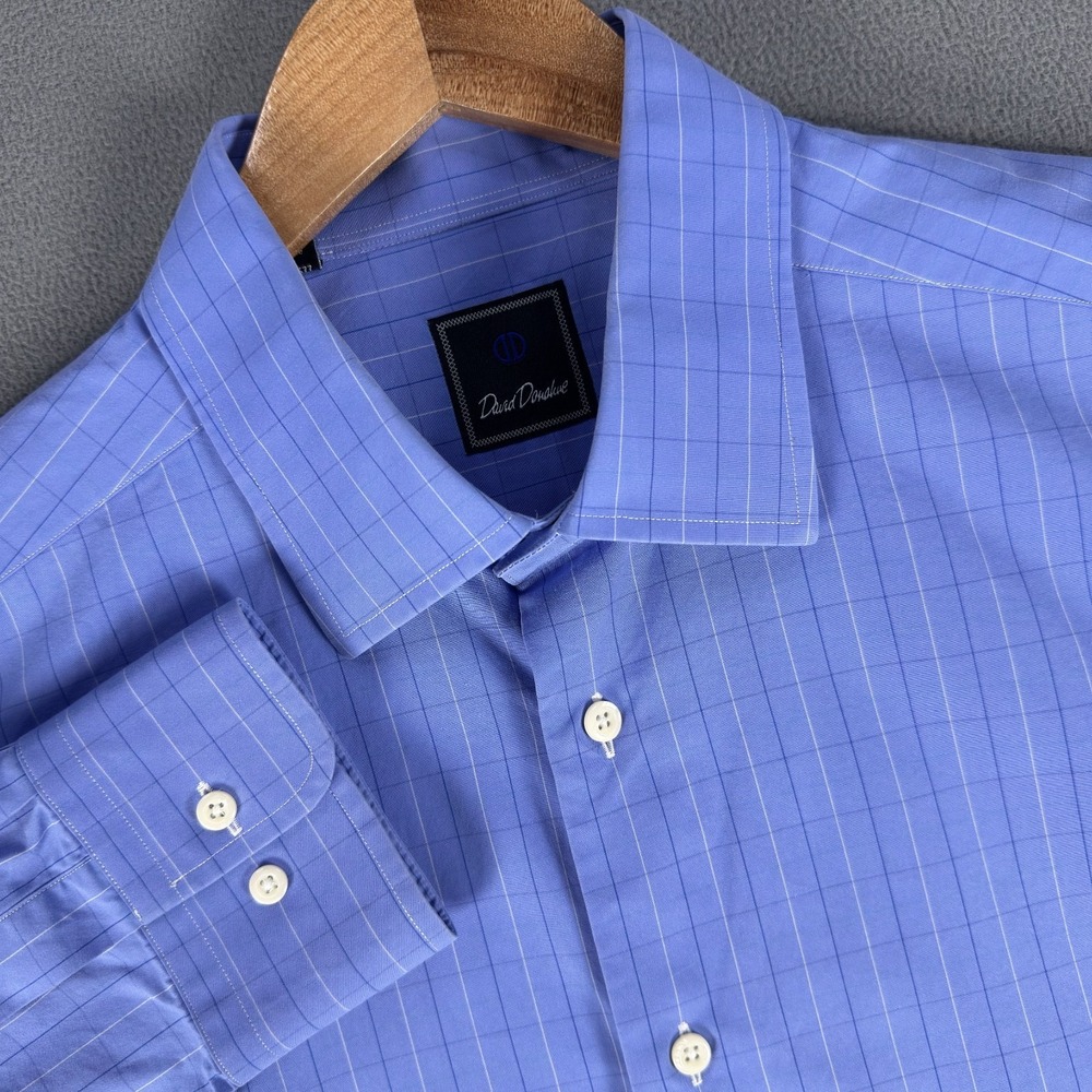 David Donahue Shirt Mens 17 Cornflower Blue Metal Collar Stay Quiet Luxury Dress